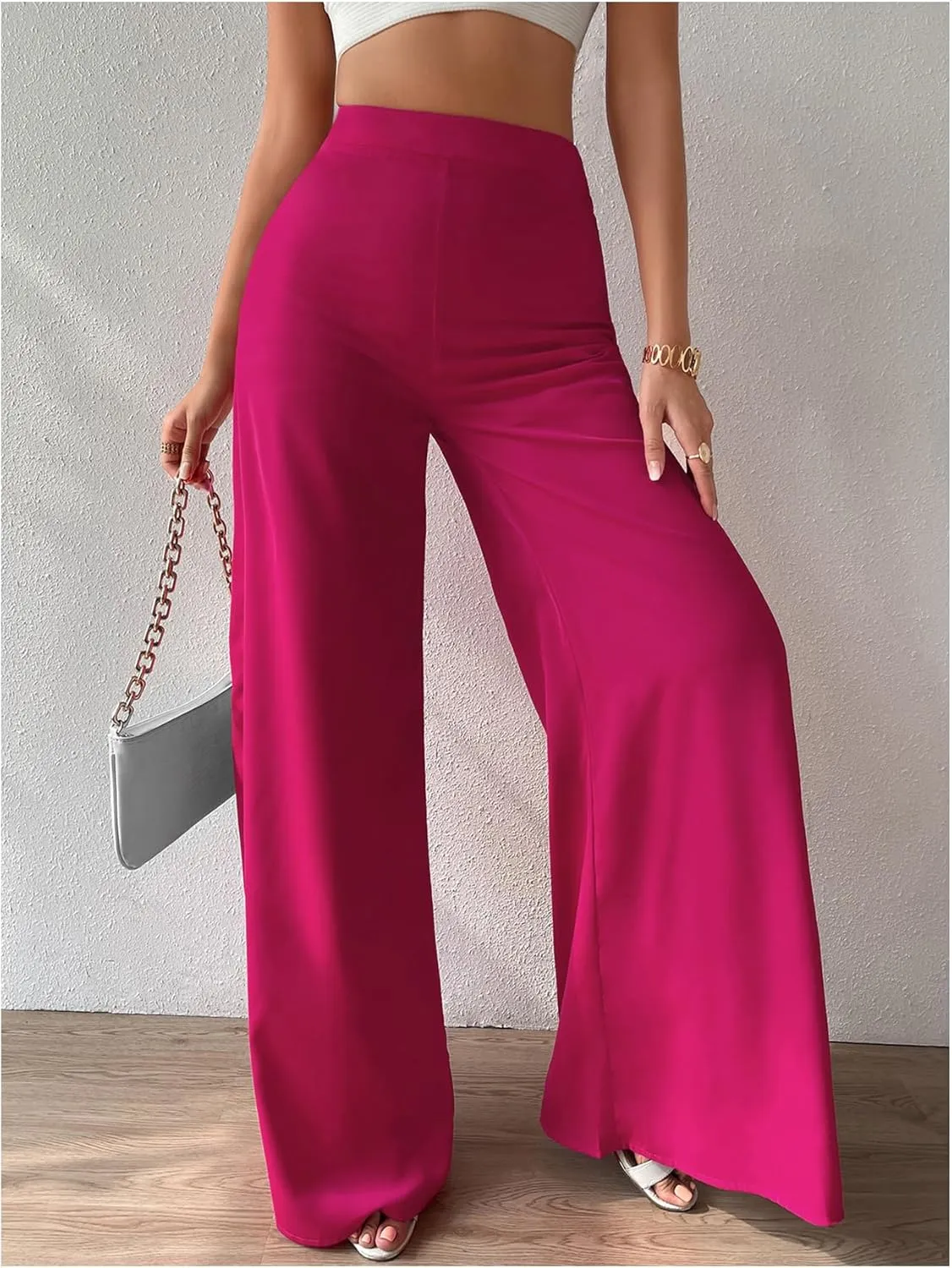Floerns Women's Solid High Waist Wide Leg Zip Fly Casual Flare Long Pants