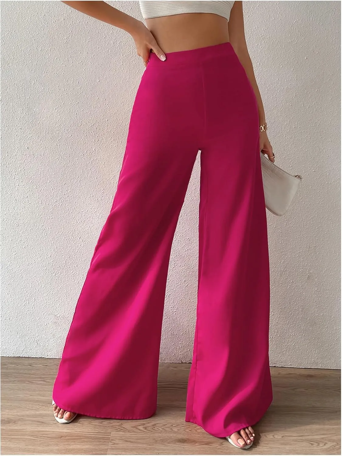 Floerns Women's Solid High Waist Wide Leg Zip Fly Casual Flare Long Pants