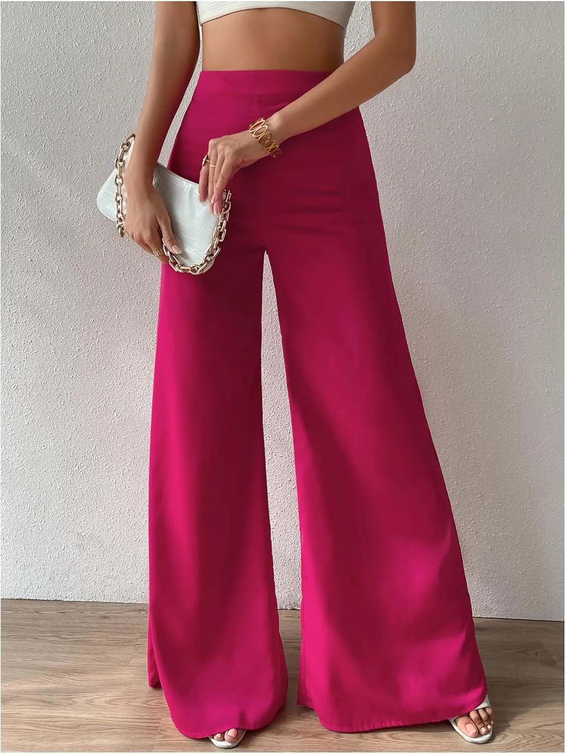 Floerns Women's Solid High Waist Wide Leg Zip Fly Casual Flare Long Pants
