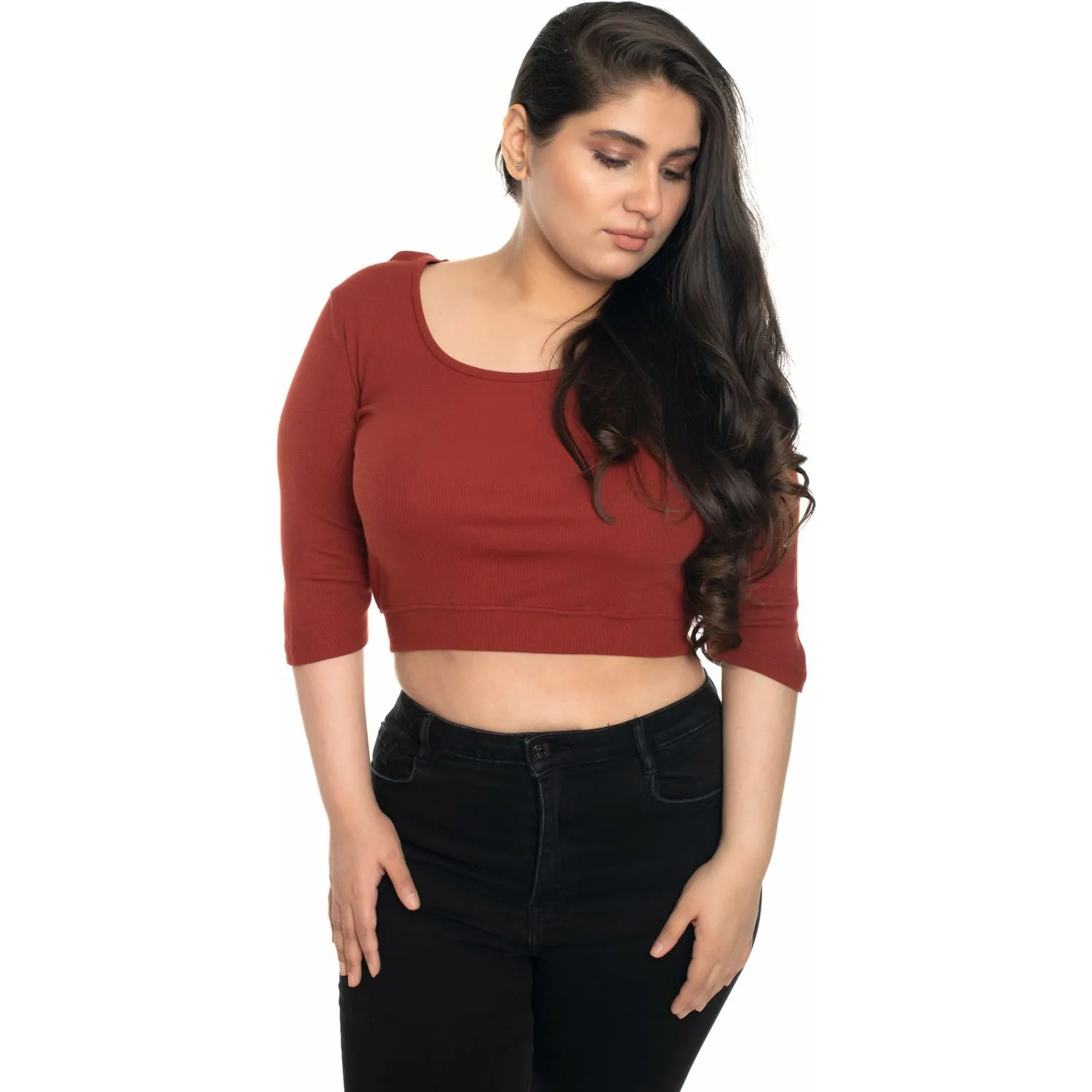 Hosiery Blouse- XXL Deep Round Neck (Elbow Sleeves)