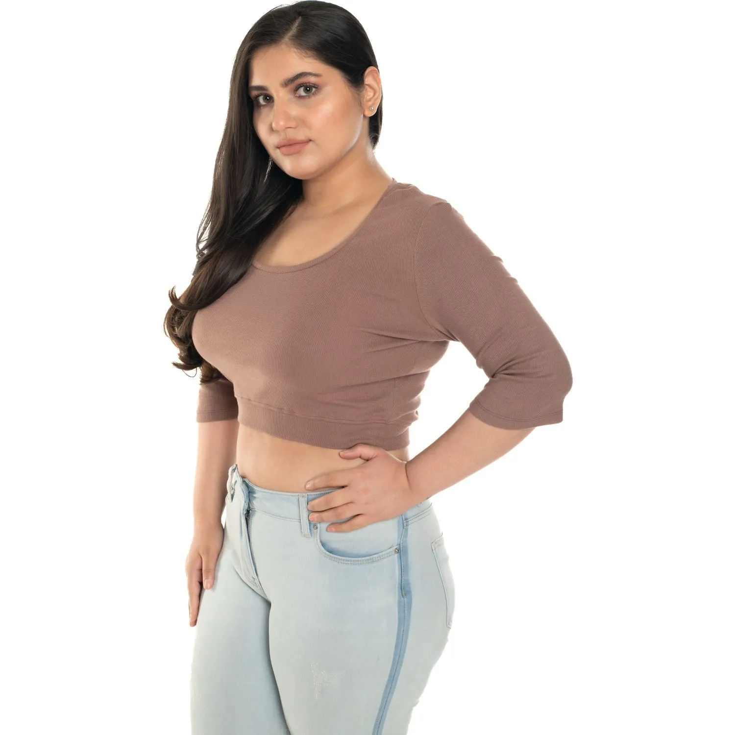 Hosiery Blouse- XXL Deep Round Neck (Elbow Sleeves)