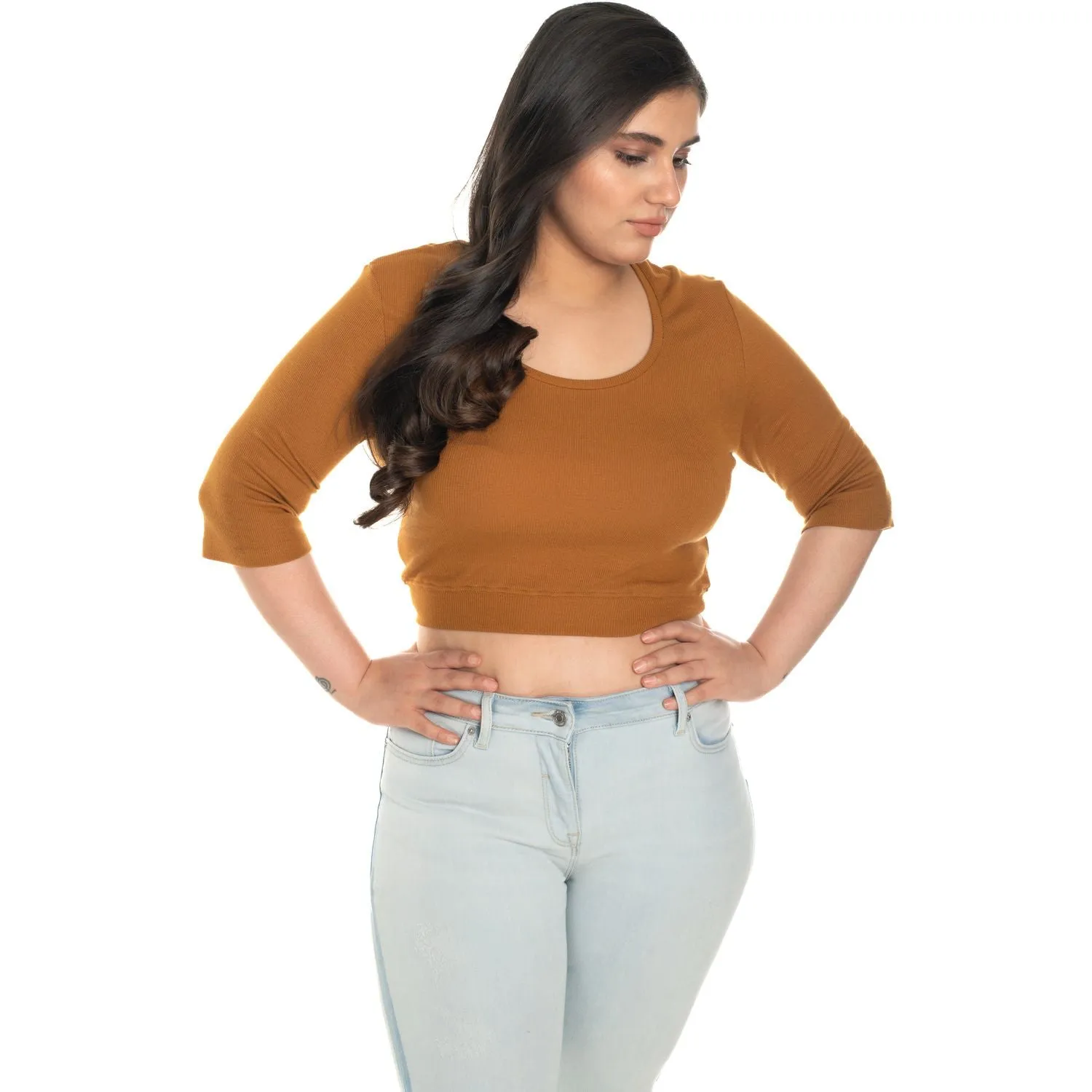 Hosiery Blouse- XXL Deep Round Neck (Elbow Sleeves)