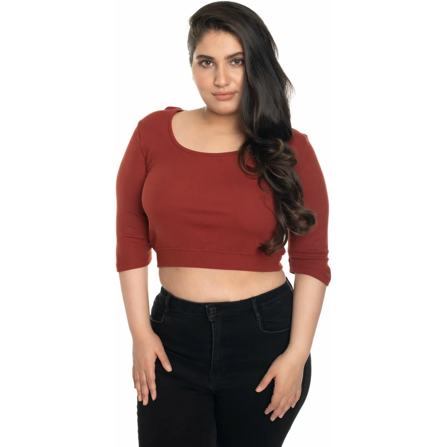 Hosiery Blouse- XXL Deep Round Neck (Elbow Sleeves)