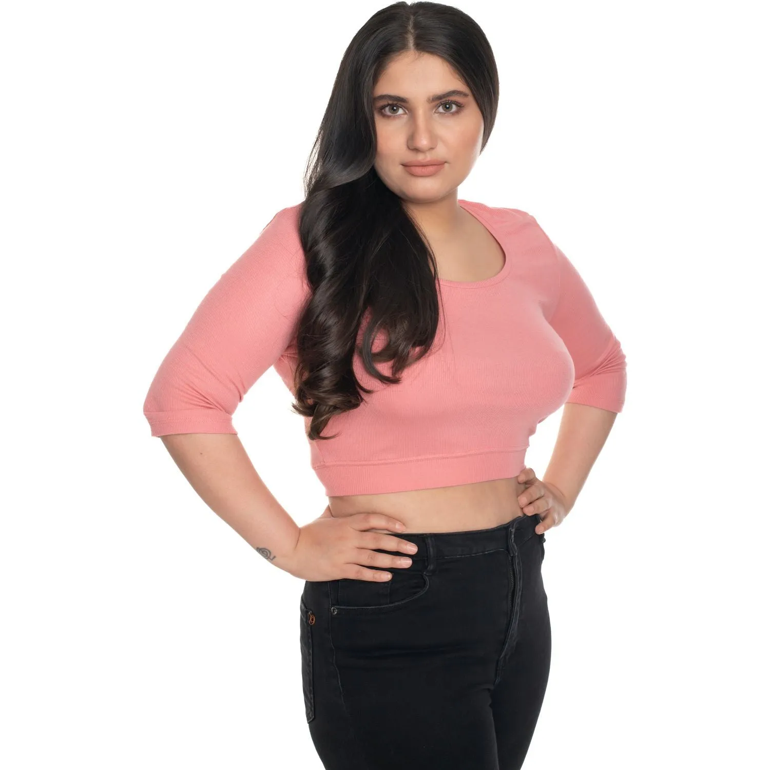 Hosiery Blouse- XXL Deep Round Neck (Elbow Sleeves)