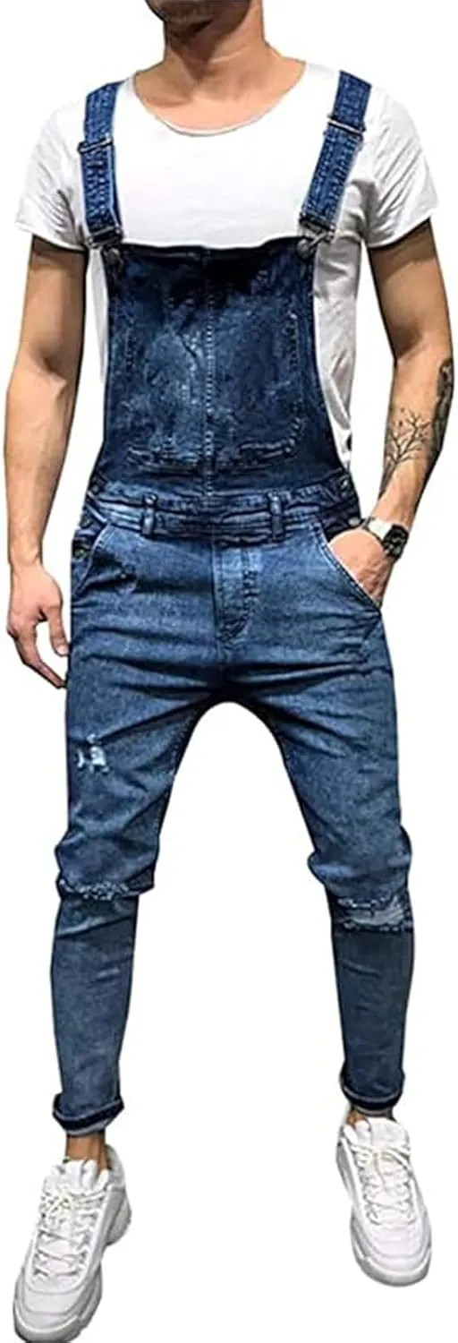 HUNGSON Denim Bib Overalls for Men Slim Fit Jumpsuit with Pockets Fashion Retro