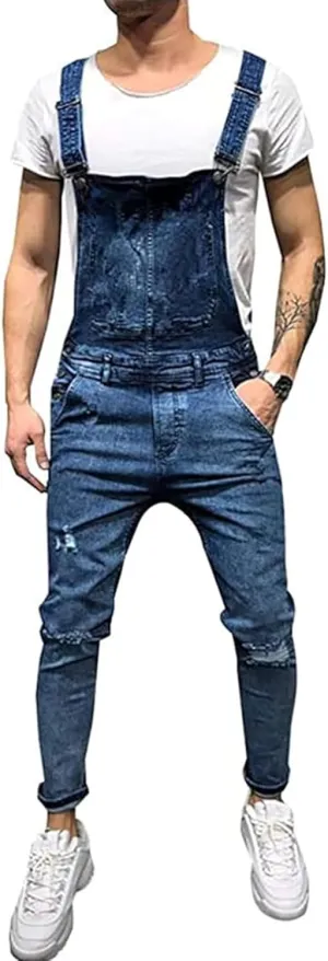 HUNGSON Denim Bib Overalls for Men Slim Fit Jumpsuit with Pockets Fashion Retro