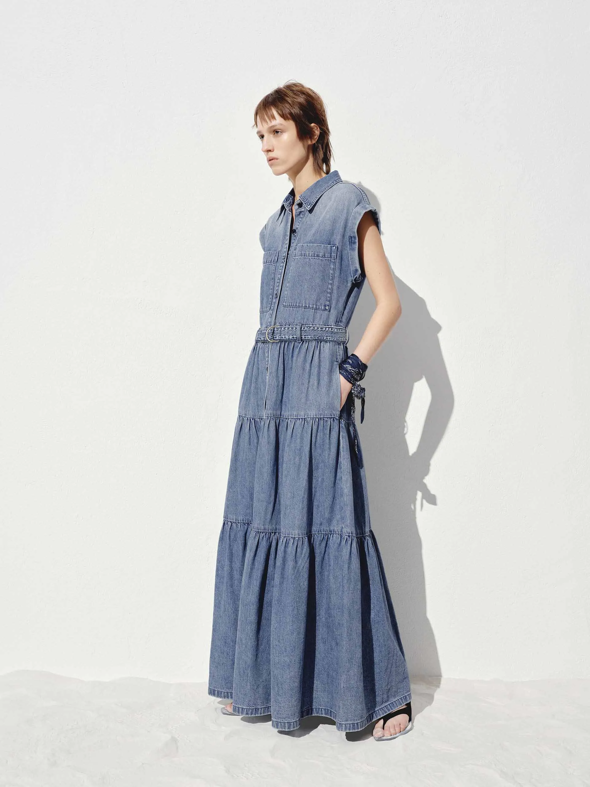 Include Belt Cotton Denim Dress
