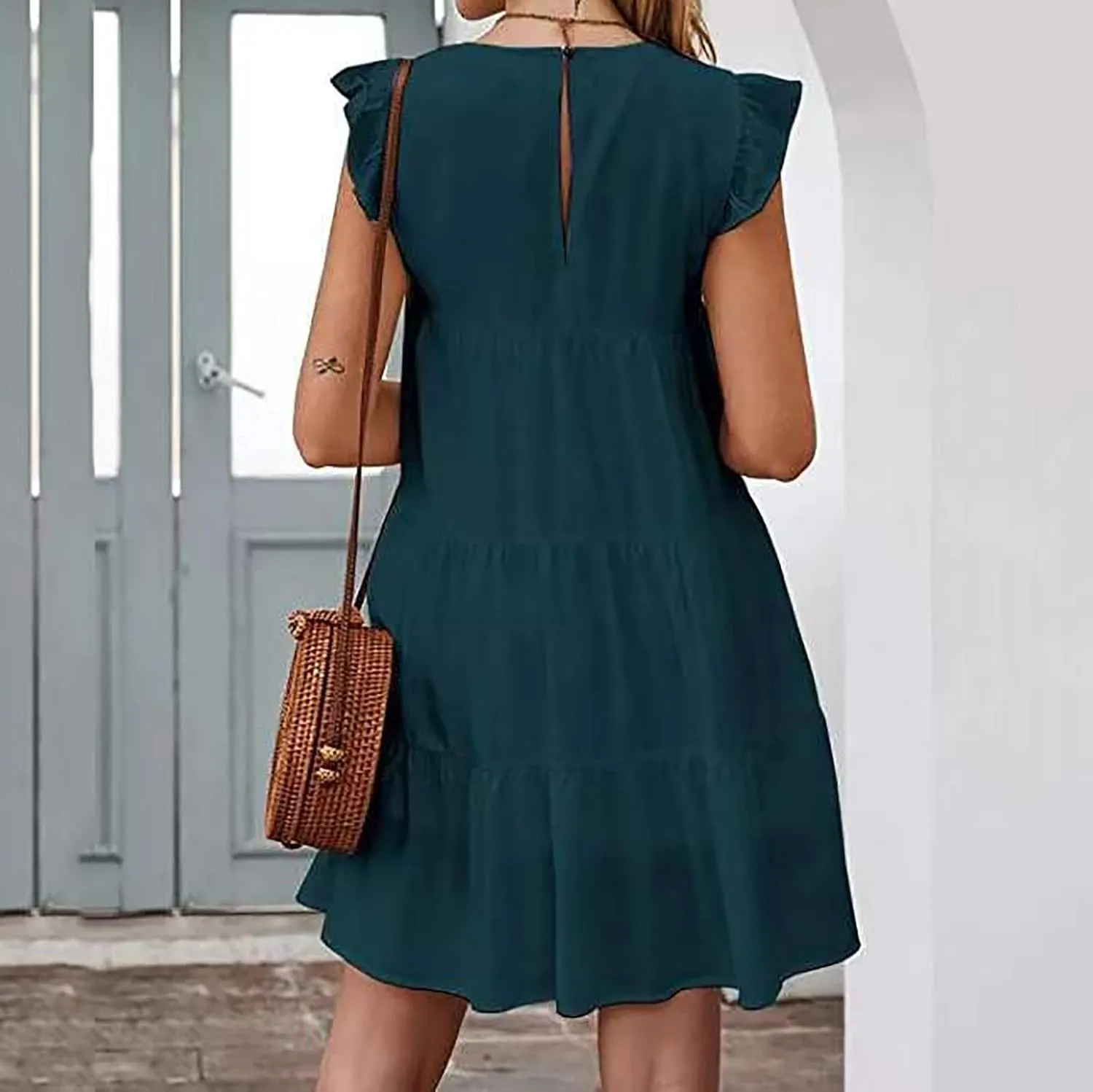 JOAU Women's 2024 Summer Casual Dresses Ruffle Cap Sleeve Crew Neck Loose Fit Sundress Flowy Tiered Swing Beach Mini Dress