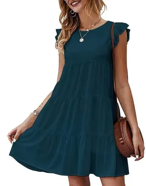 JOAU Women's 2024 Summer Casual Dresses Ruffle Cap Sleeve Crew Neck Loose Fit Sundress Flowy Tiered Swing Beach Mini Dress