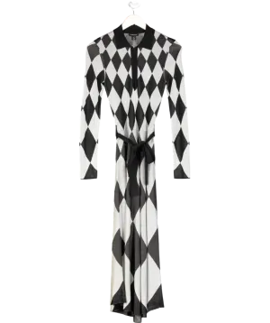 Karen Millen Grey Slinky Knit Mono Jacquard Belted Maxi Dress UK XS