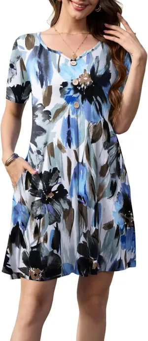 LARACE Womens Summer Dresses Plus Size Swimwear Cover Up Casual V Neck Button Up Short Sleeve Mini Dress with Pockets