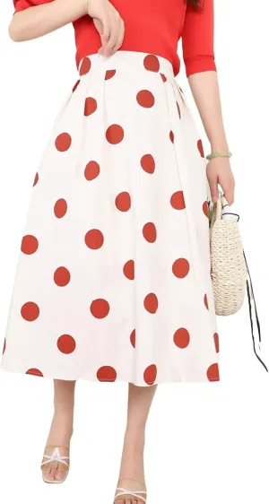 loveimgs Women's Cute Polka Dot Elastic Back Pleated A Line Midi Skirt High Waist Swing Skirt