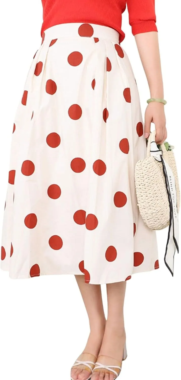 loveimgs Women's Cute Polka Dot Elastic Back Pleated A Line Midi Skirt High Waist Swing Skirt