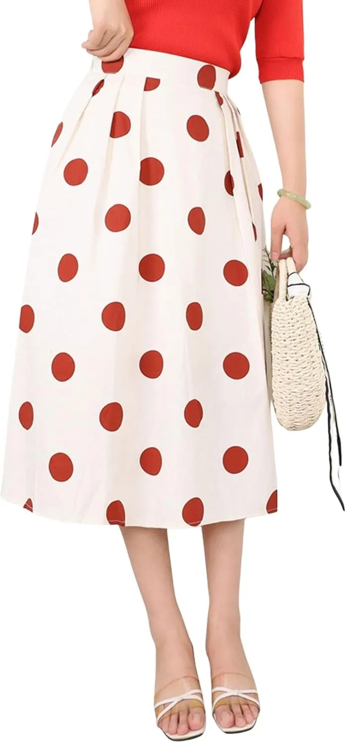 loveimgs Women's Cute Polka Dot Elastic Back Pleated A Line Midi Skirt High Waist Swing Skirt