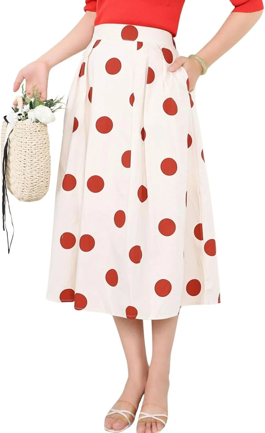 loveimgs Women's Cute Polka Dot Elastic Back Pleated A Line Midi Skirt High Waist Swing Skirt