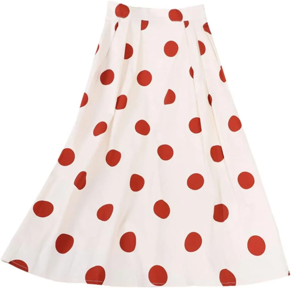 loveimgs Women's Cute Polka Dot Elastic Back Pleated A Line Midi Skirt High Waist Swing Skirt