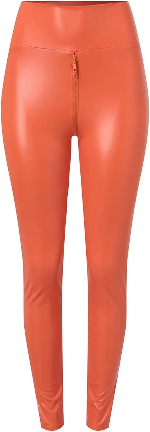Matte Leather Trousers,Elastic High Waist Faux Leather Pants Women Sexy Crotch Double Zipper Leggings