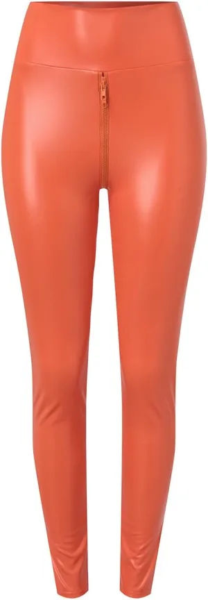Matte Leather Trousers,Elastic High Waist Faux Leather Pants Women Sexy Crotch Double Zipper Leggings