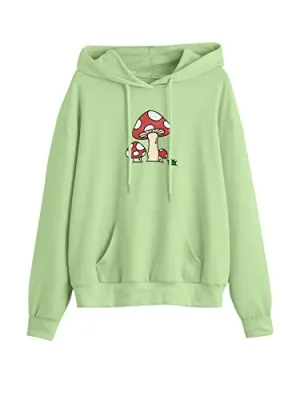 Meladyan Women Mushroom Graphic Print Hoodie Pullover Drop Shoulder Thin Terry Loose Fit Hooded Sweatshirt Jumper Shirt (Large, Pea Green)