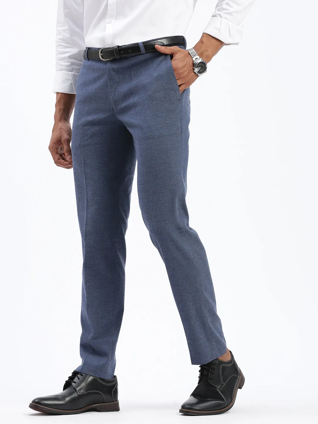 Men Blue Cotton Comfort Slim Fit Low-Rise Formal Trousers