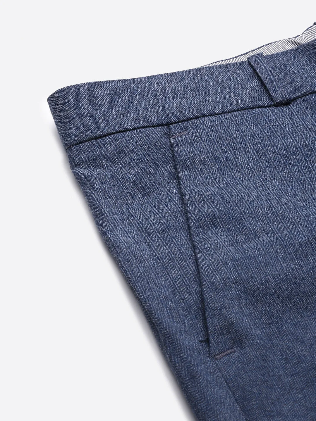 Men Blue Cotton Comfort Slim Fit Low-Rise Formal Trousers