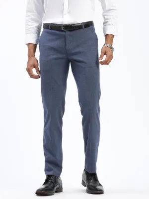 Men Blue Cotton Comfort Slim Fit Low-Rise Formal Trousers