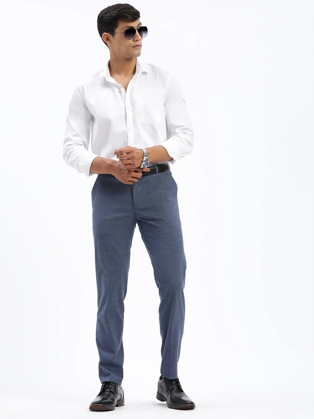 Men Blue Cotton Comfort Slim Fit Low-Rise Formal Trousers