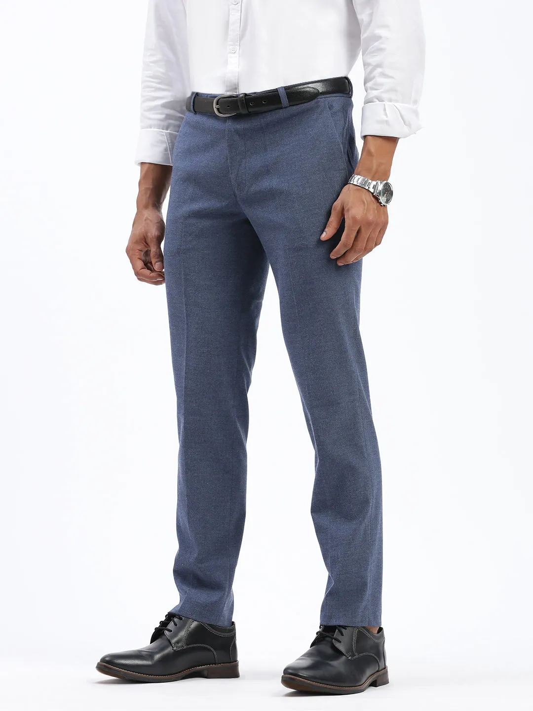 Men Blue Cotton Comfort Slim Fit Low-Rise Formal Trousers