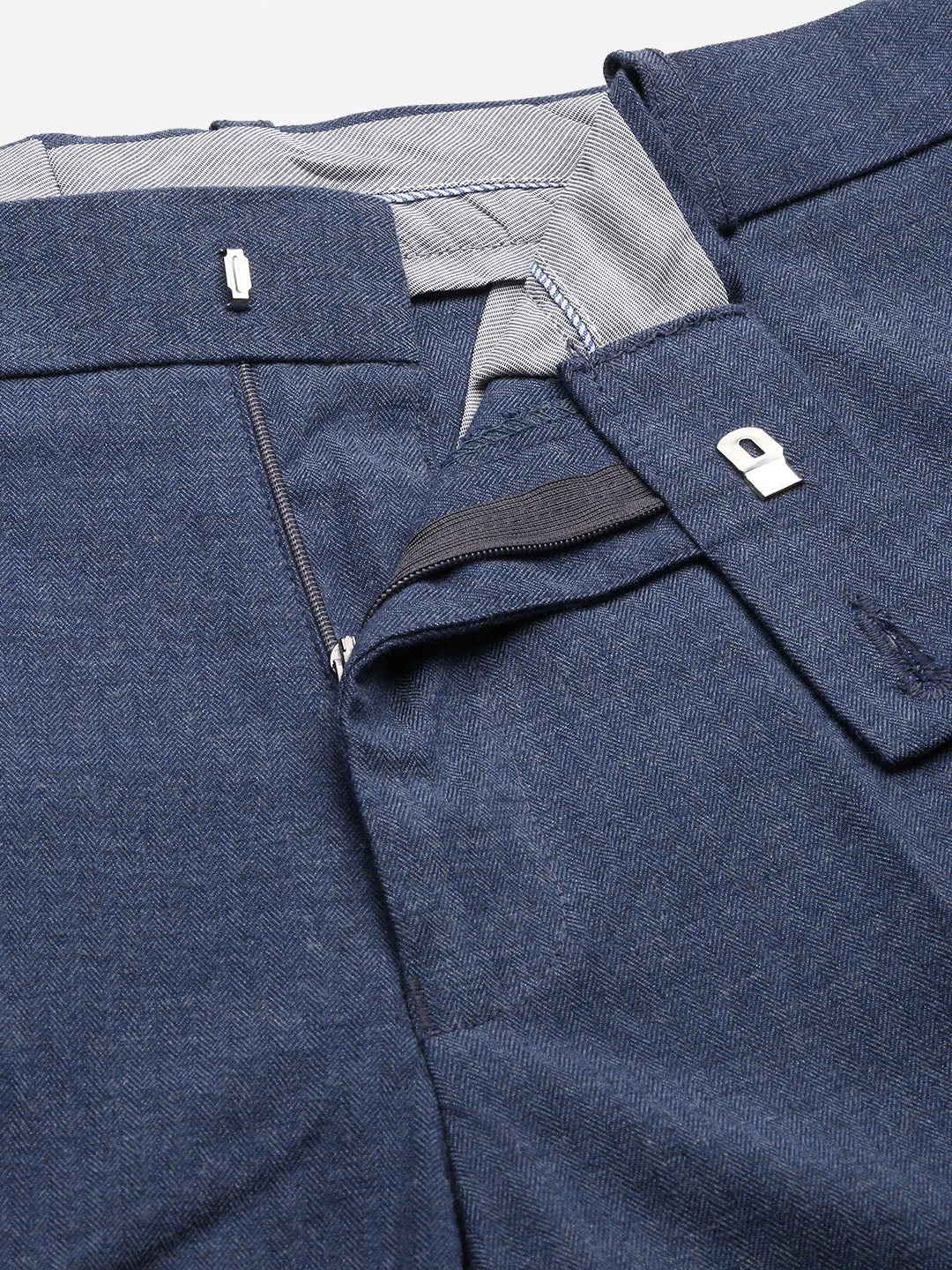 Men Blue Cotton Comfort Slim Fit Low-Rise Formal Trousers