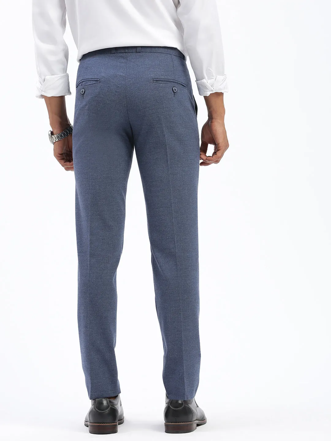 Men Blue Cotton Comfort Slim Fit Low-Rise Formal Trousers