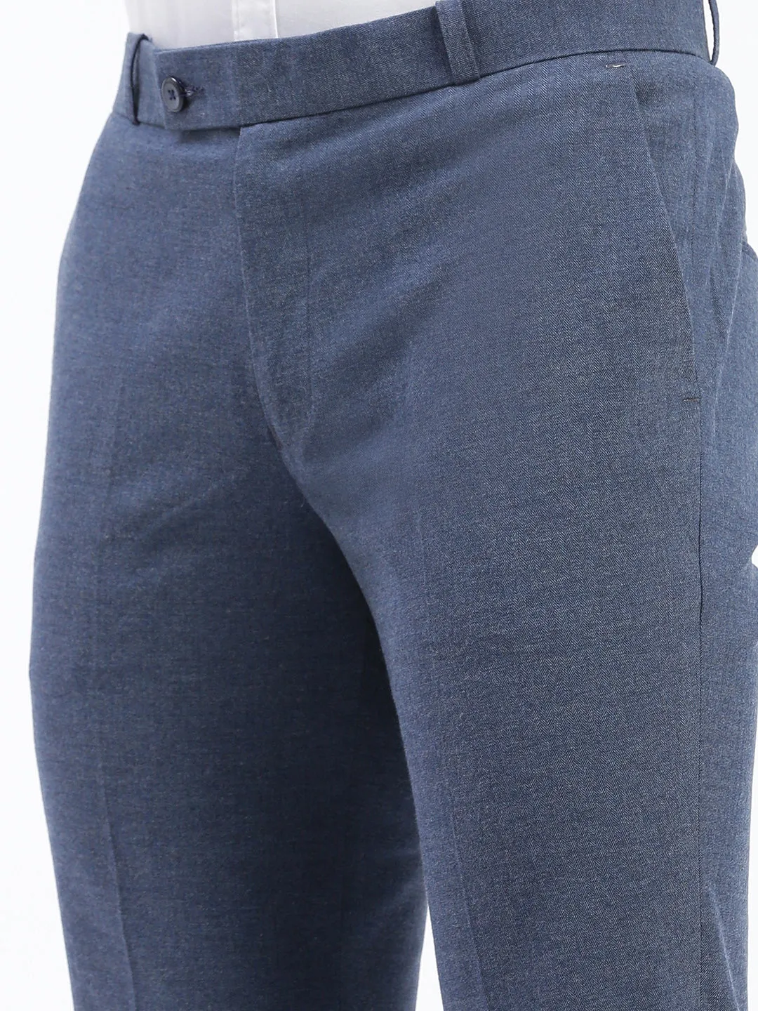 Men Blue Cotton Comfort Slim Fit Low-Rise Formal Trousers