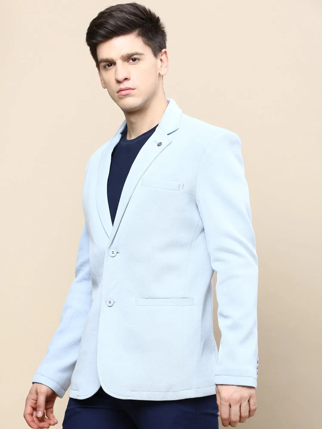 Men Blue Notched Lapel Single Breasted Blazer