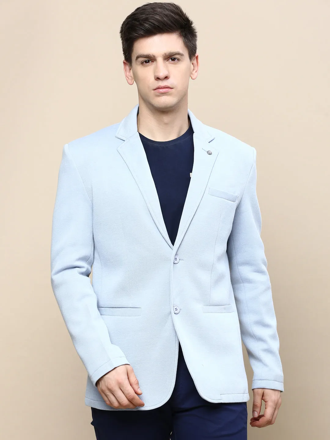 Men Blue Notched Lapel Single Breasted Blazer
