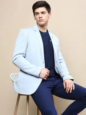 Men Blue Notched Lapel Single Breasted Blazer