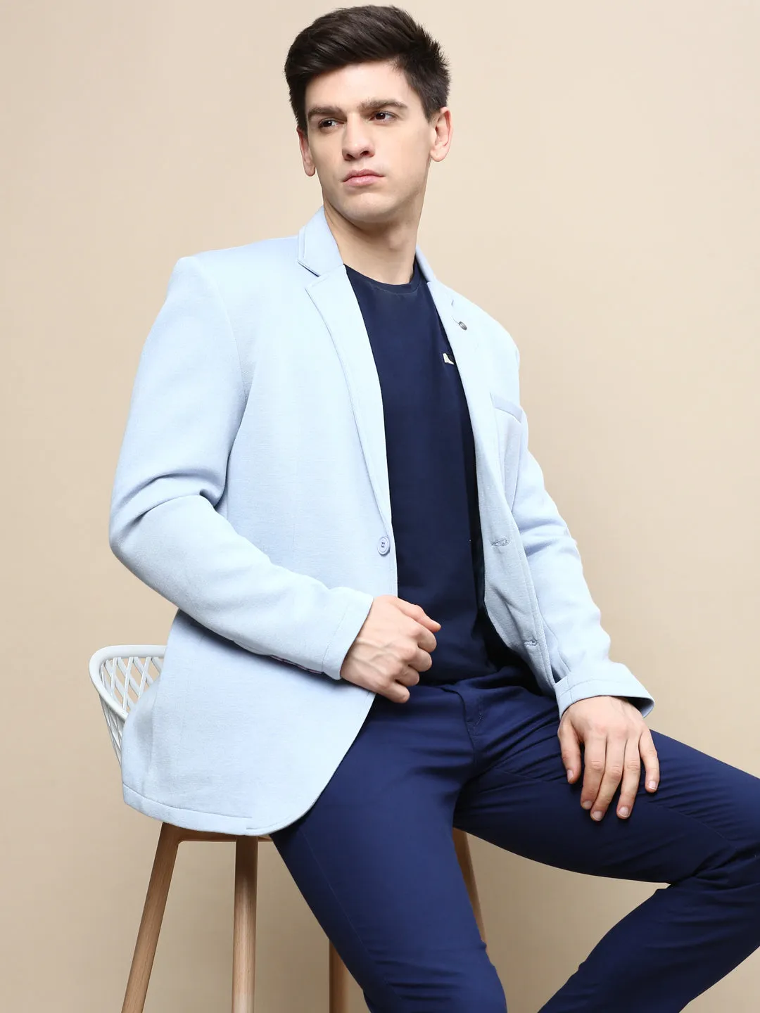 Men Blue Notched Lapel Single Breasted Blazer