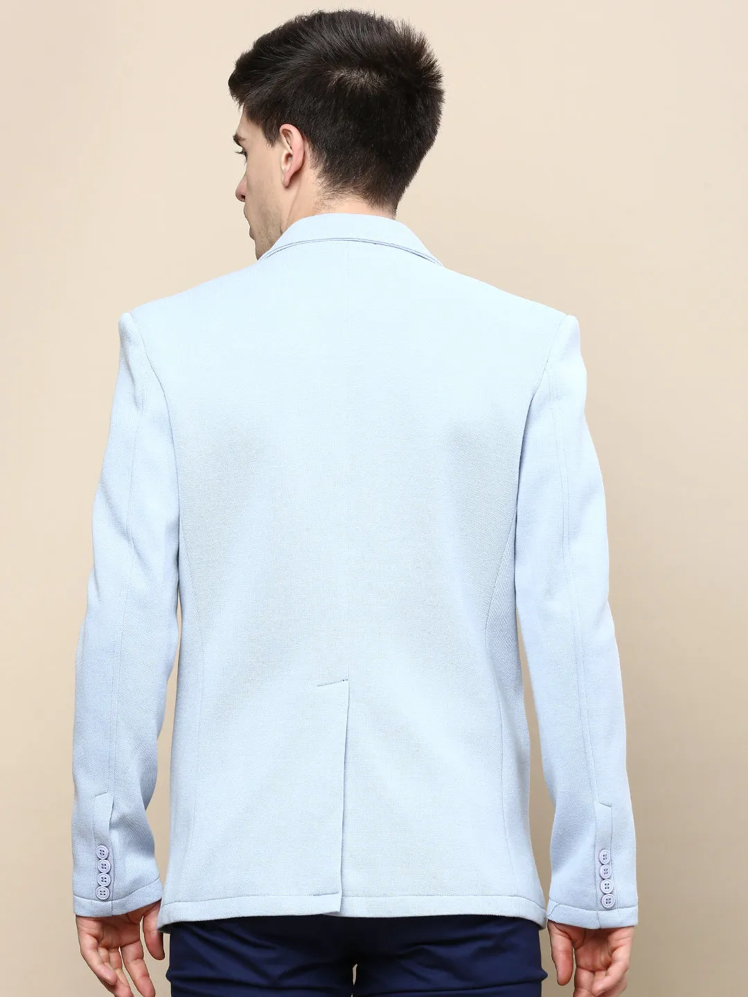 Men Blue Notched Lapel Single Breasted Blazer