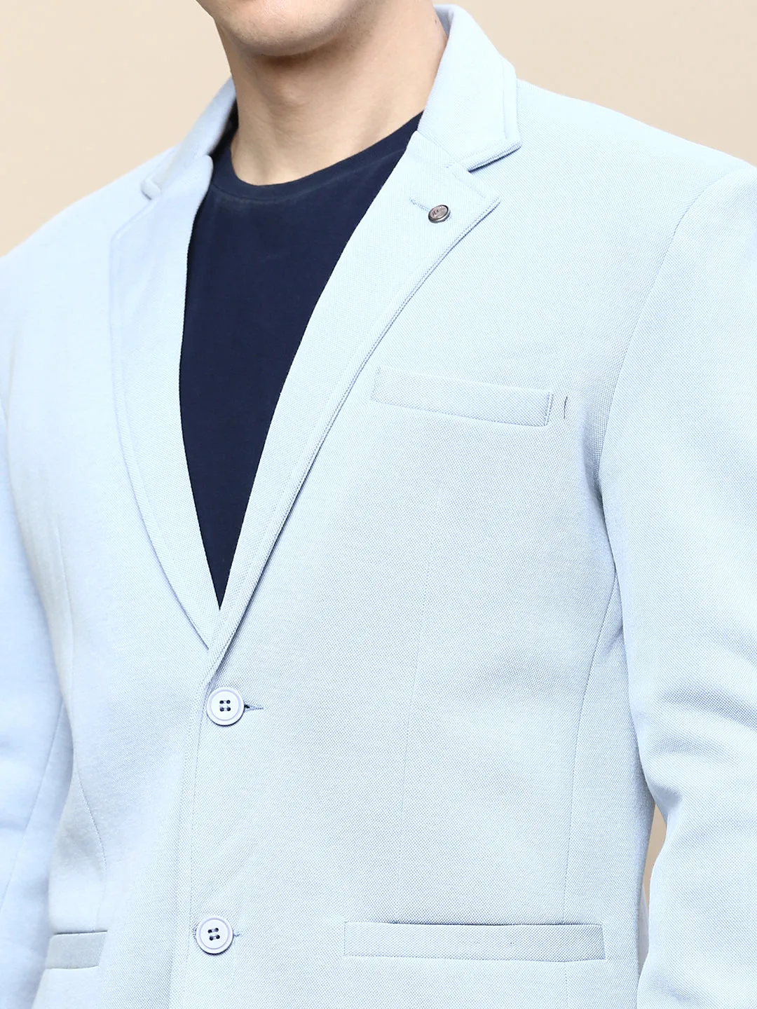 Men Blue Notched Lapel Single Breasted Blazer