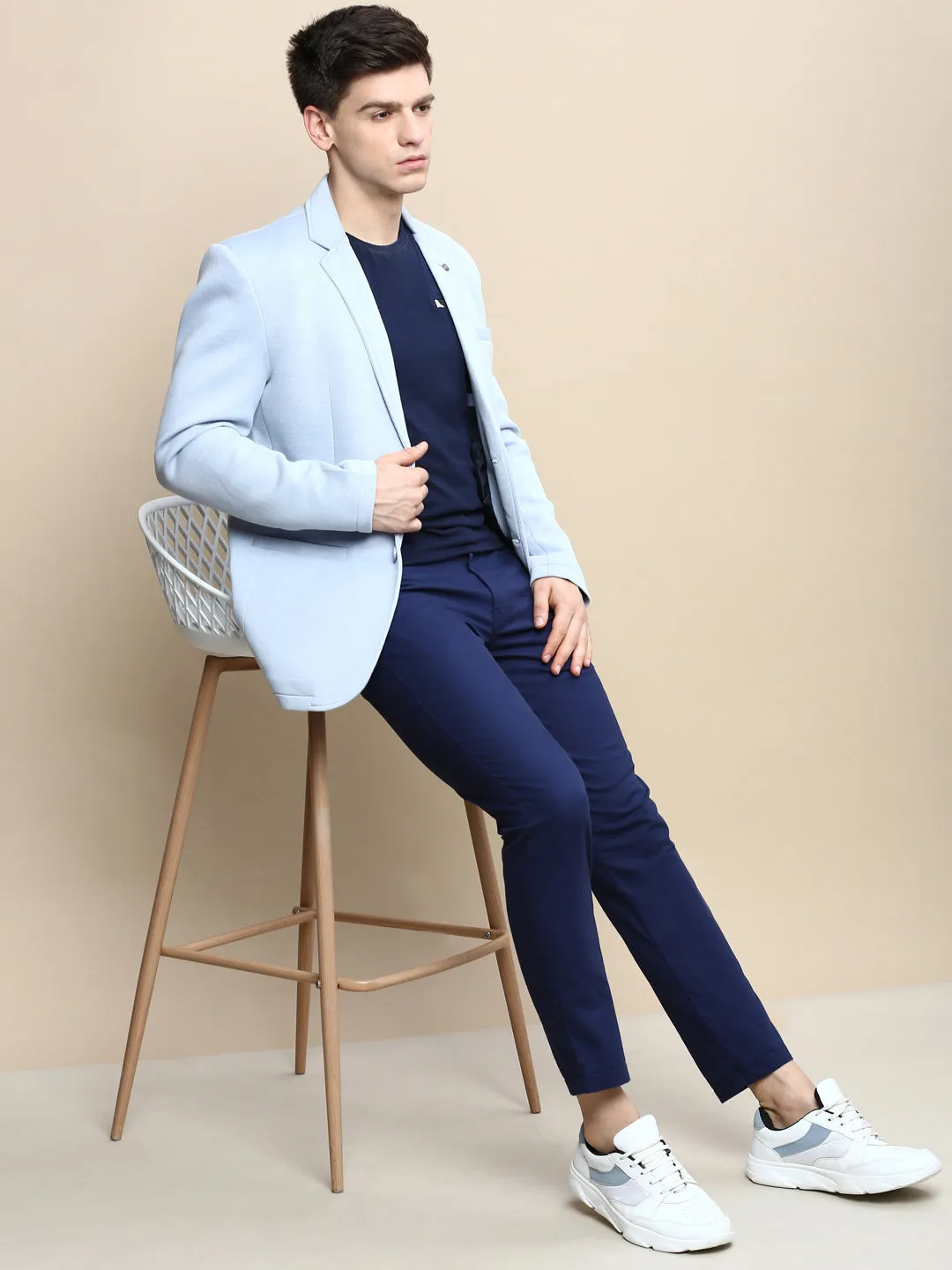 Men Blue Notched Lapel Single Breasted Blazer