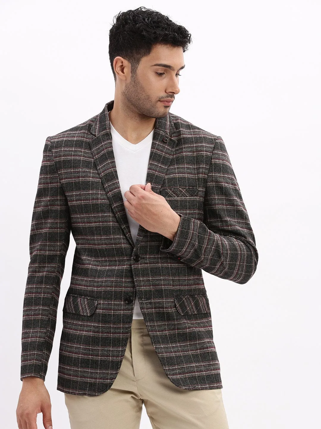 Men Checked Grey Single Breasted Casual Blazer