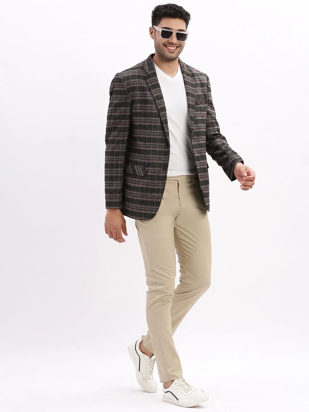 Men Checked Grey Single Breasted Casual Blazer