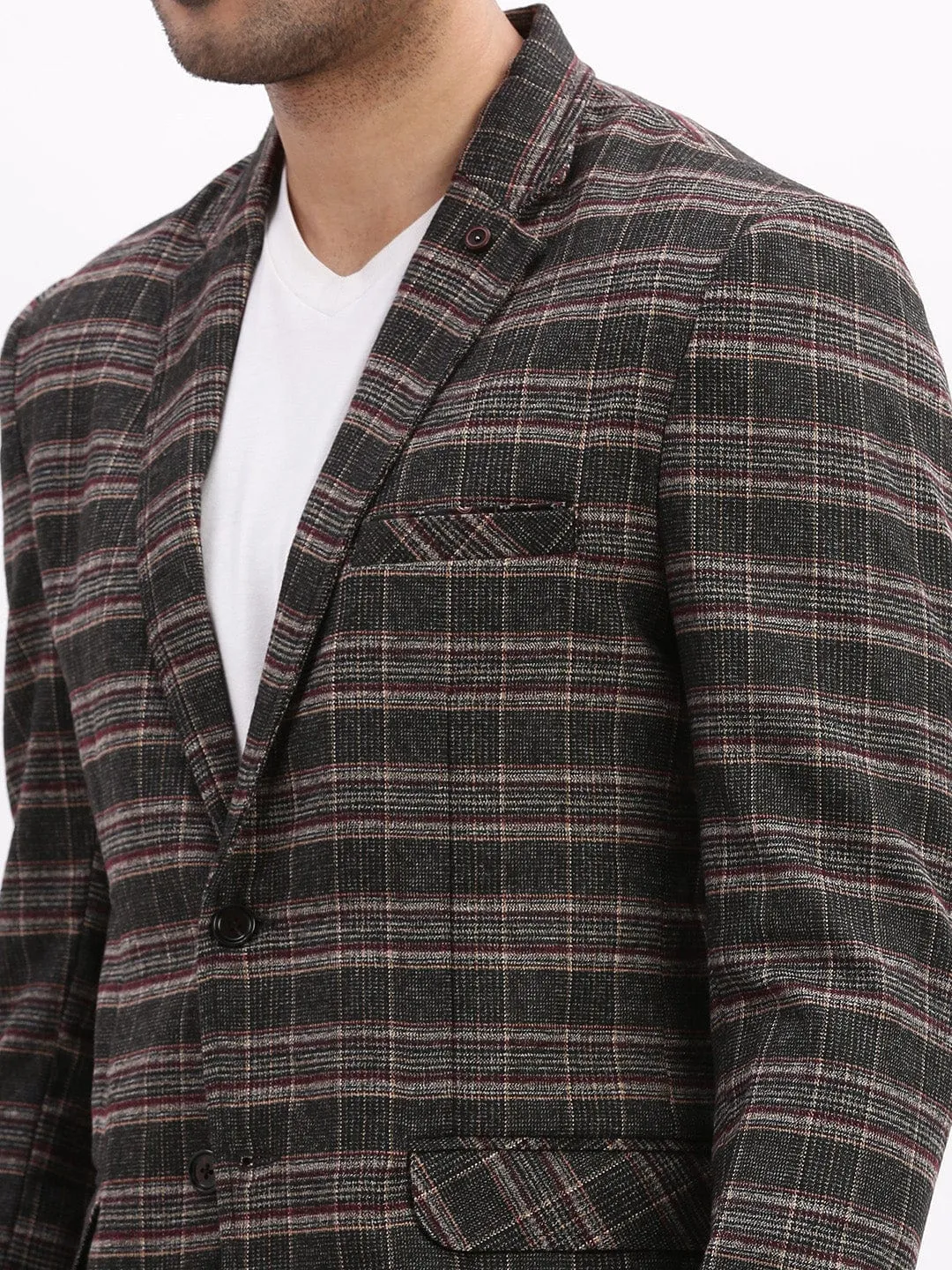 Men Checked Grey Single Breasted Casual Blazer