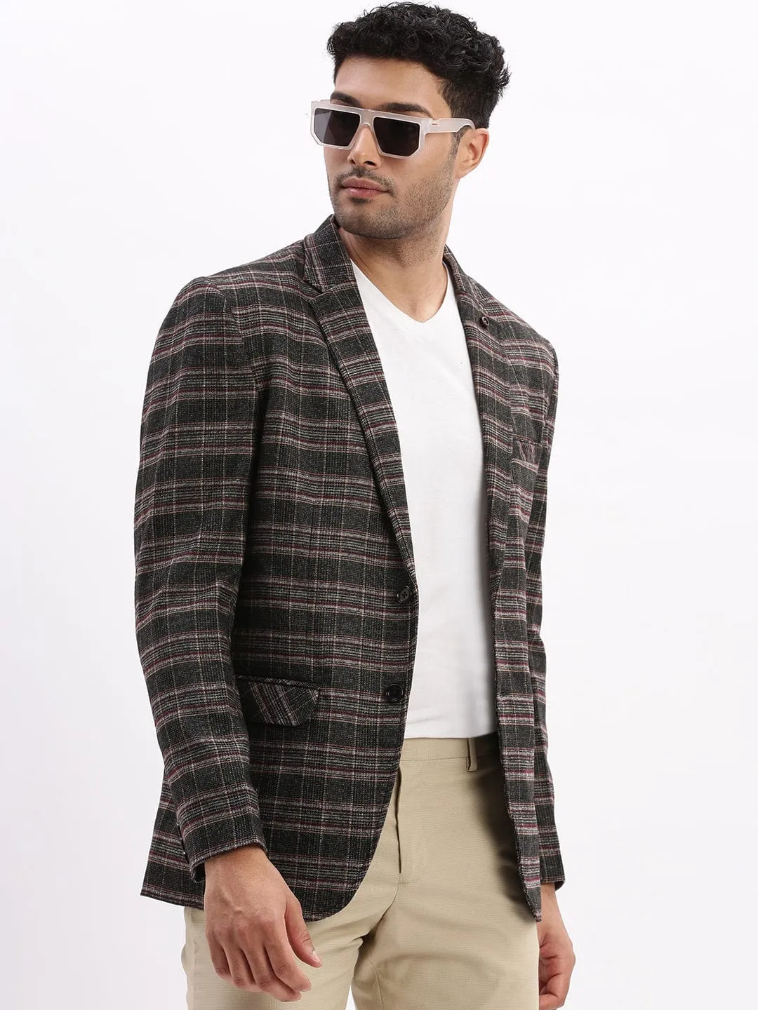 Men Checked Grey Single Breasted Casual Blazer