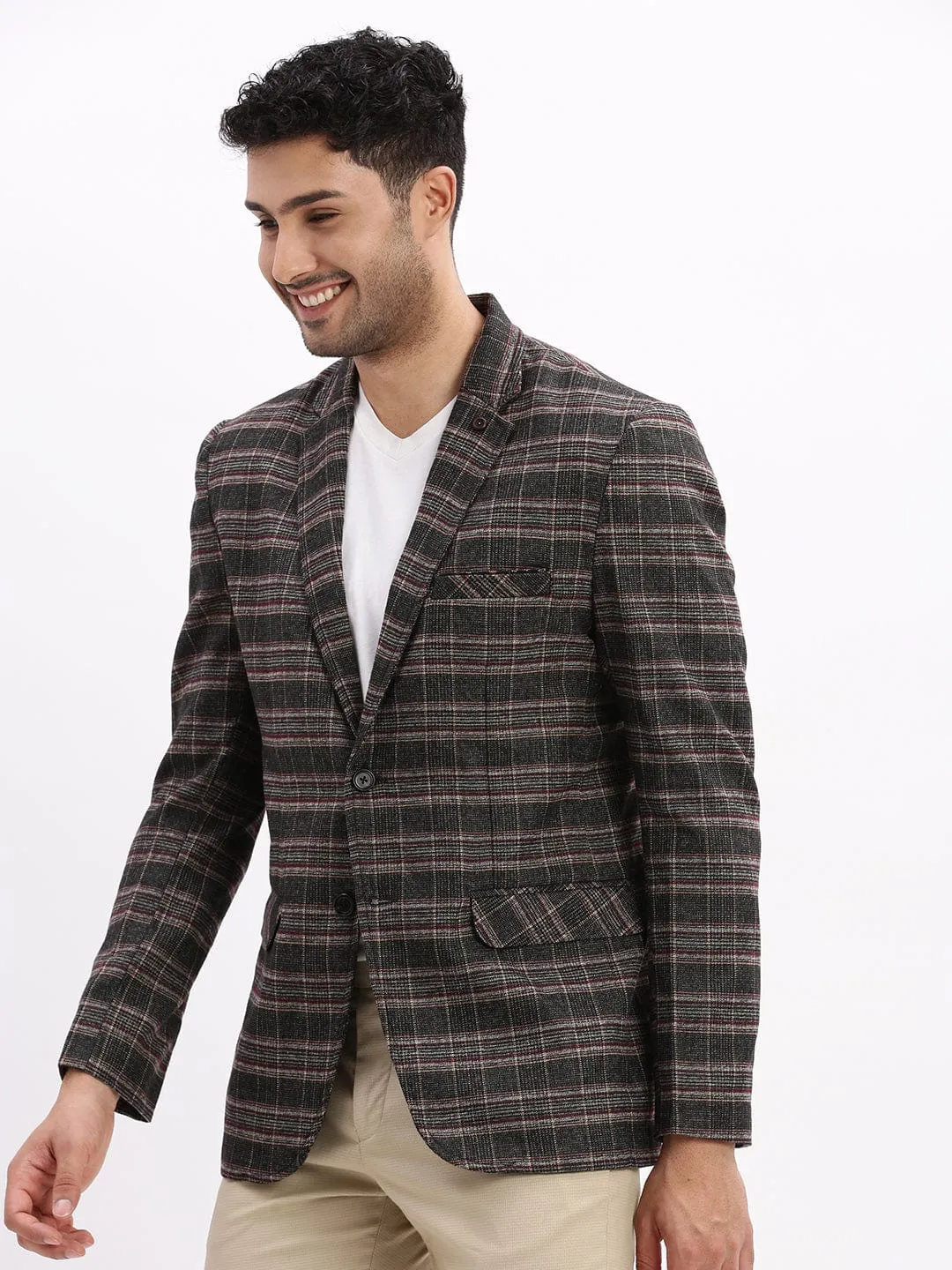 Men Checked Grey Single Breasted Casual Blazer