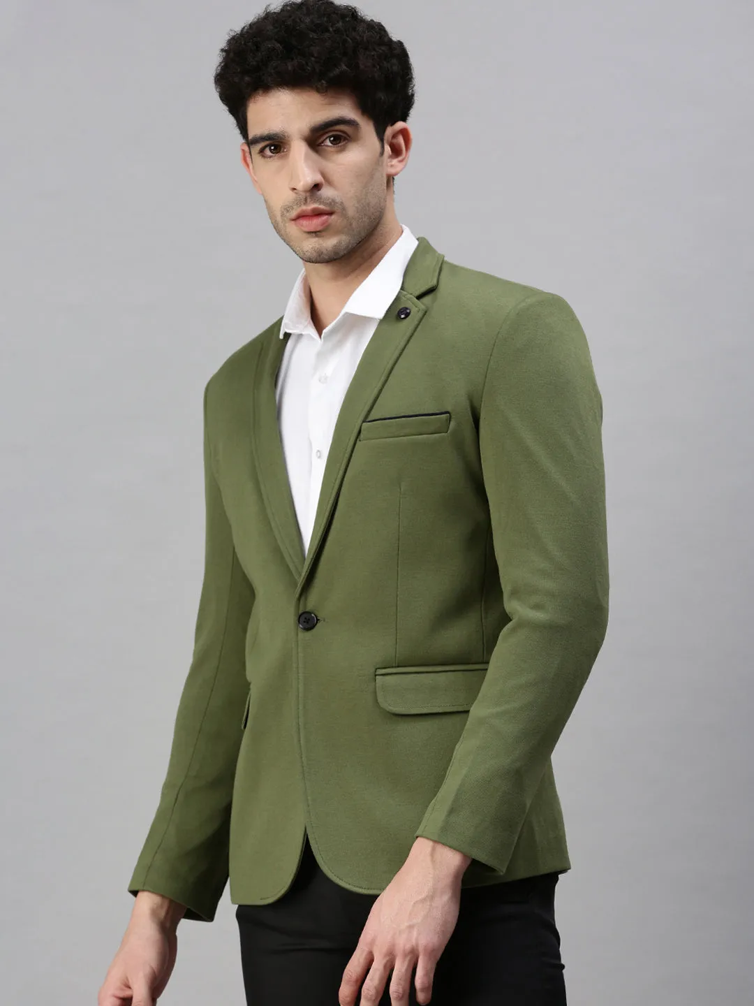 Men Green Solid Casual Single Breasted Blazer