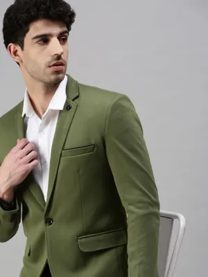 Men Green Solid Casual Single Breasted Blazer