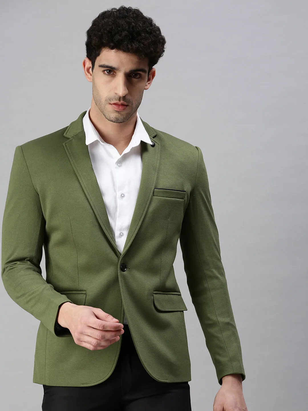 Men Green Solid Casual Single Breasted Blazer