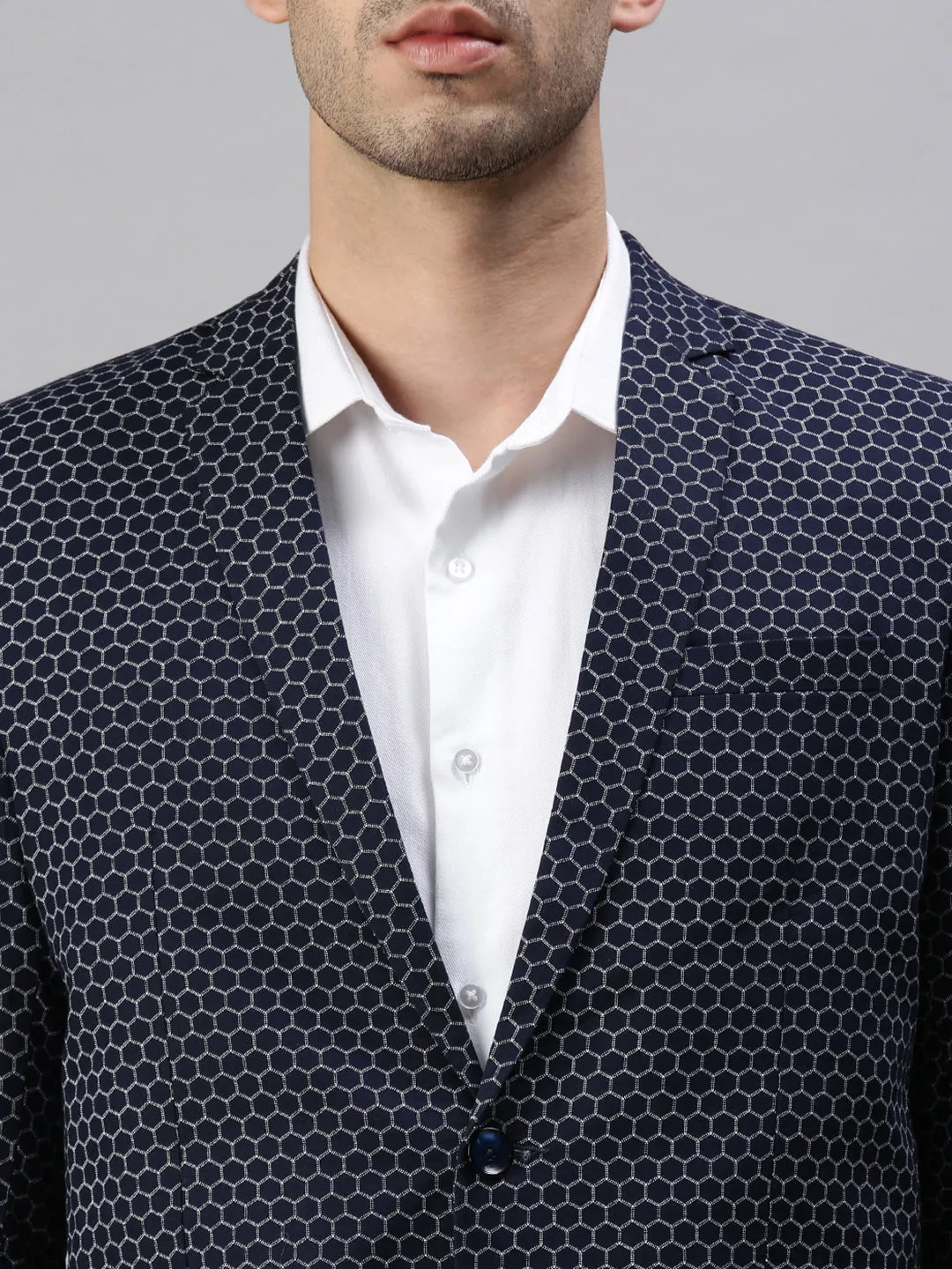 Men Navy Blue Printed Single-Breasted Slim-Fit Casual Blazer