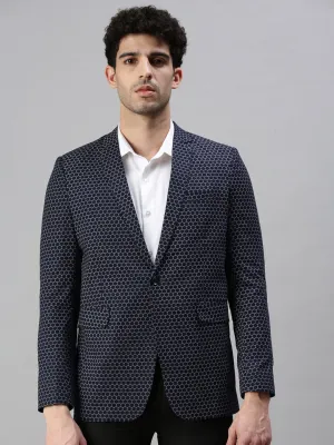 Men Navy Blue Printed Single-Breasted Slim-Fit Casual Blazer