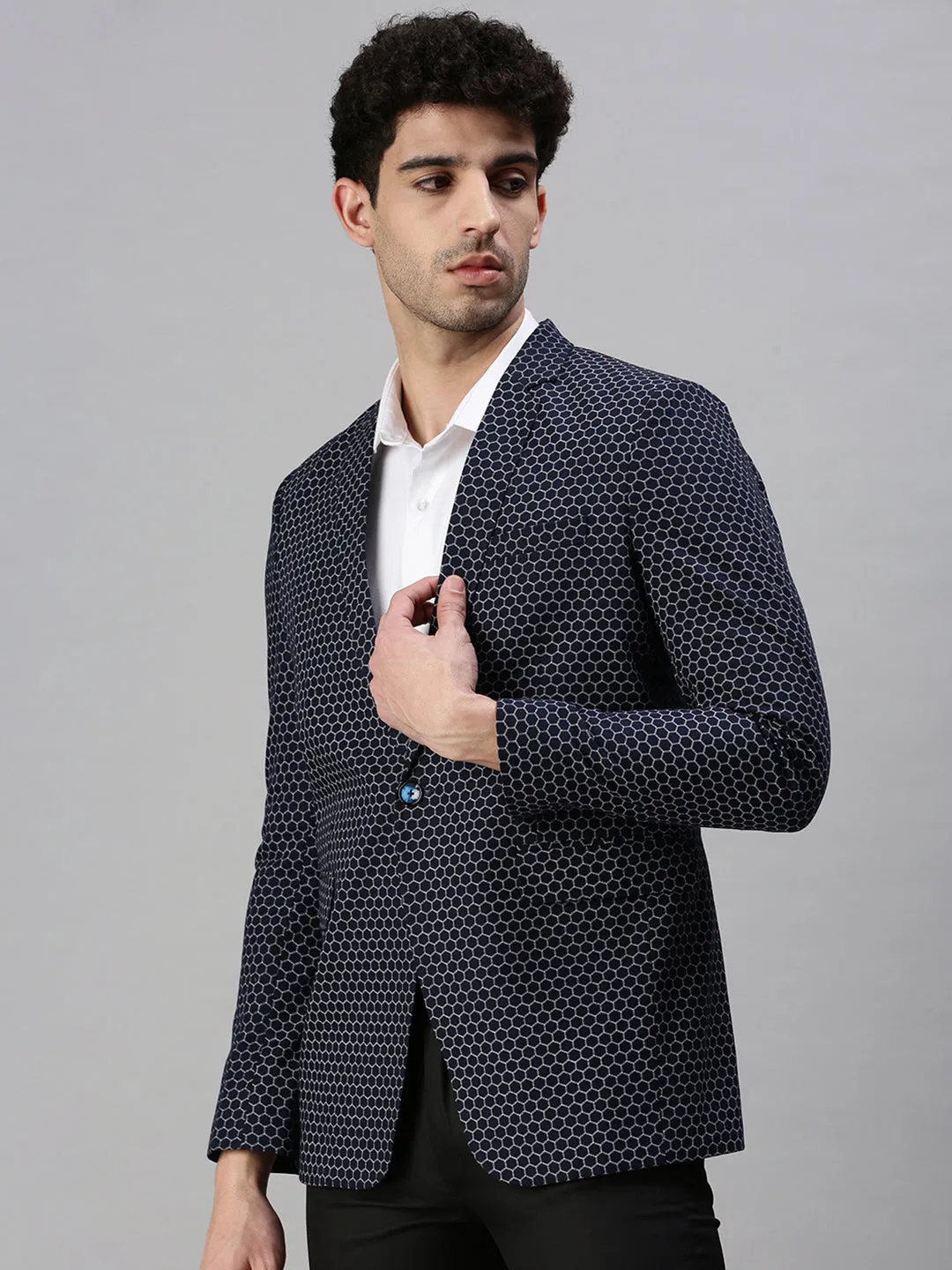 Men Navy Blue Printed Single-Breasted Slim-Fit Casual Blazer