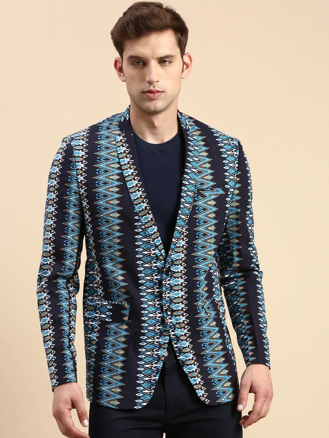 Men Navy Blue Printed Slim-Fit Single Breasted Blazer